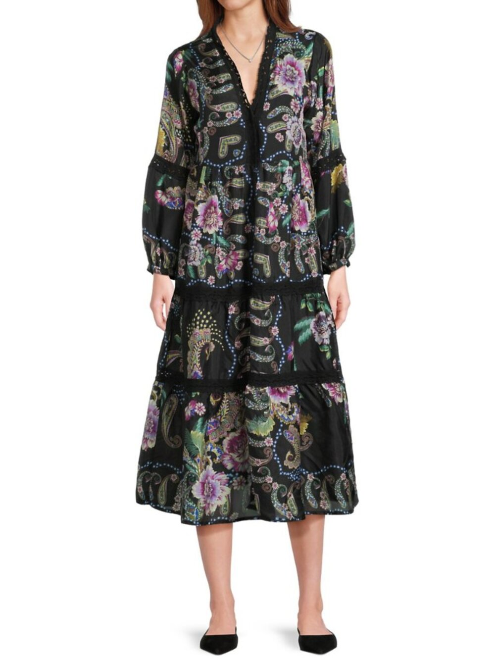 Johnny Was Leda Lace Trim Silk Floral Dress